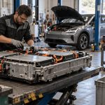 Tecnico al lavoro su una batteria ad alta tensione di un’auto elettrica in un’officina specializzata, con veicolo elettrico sullo sfondo e moduli batteria destinati a riuso o riciclo.