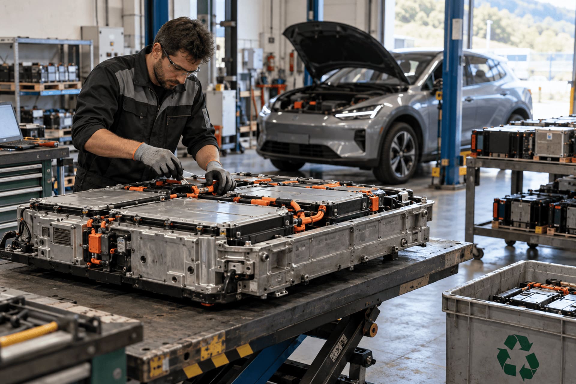 Tecnico al lavoro su una batteria ad alta tensione di un’auto elettrica in un’officina specializzata, con veicolo elettrico sullo sfondo e moduli batteria destinati a riuso o riciclo.